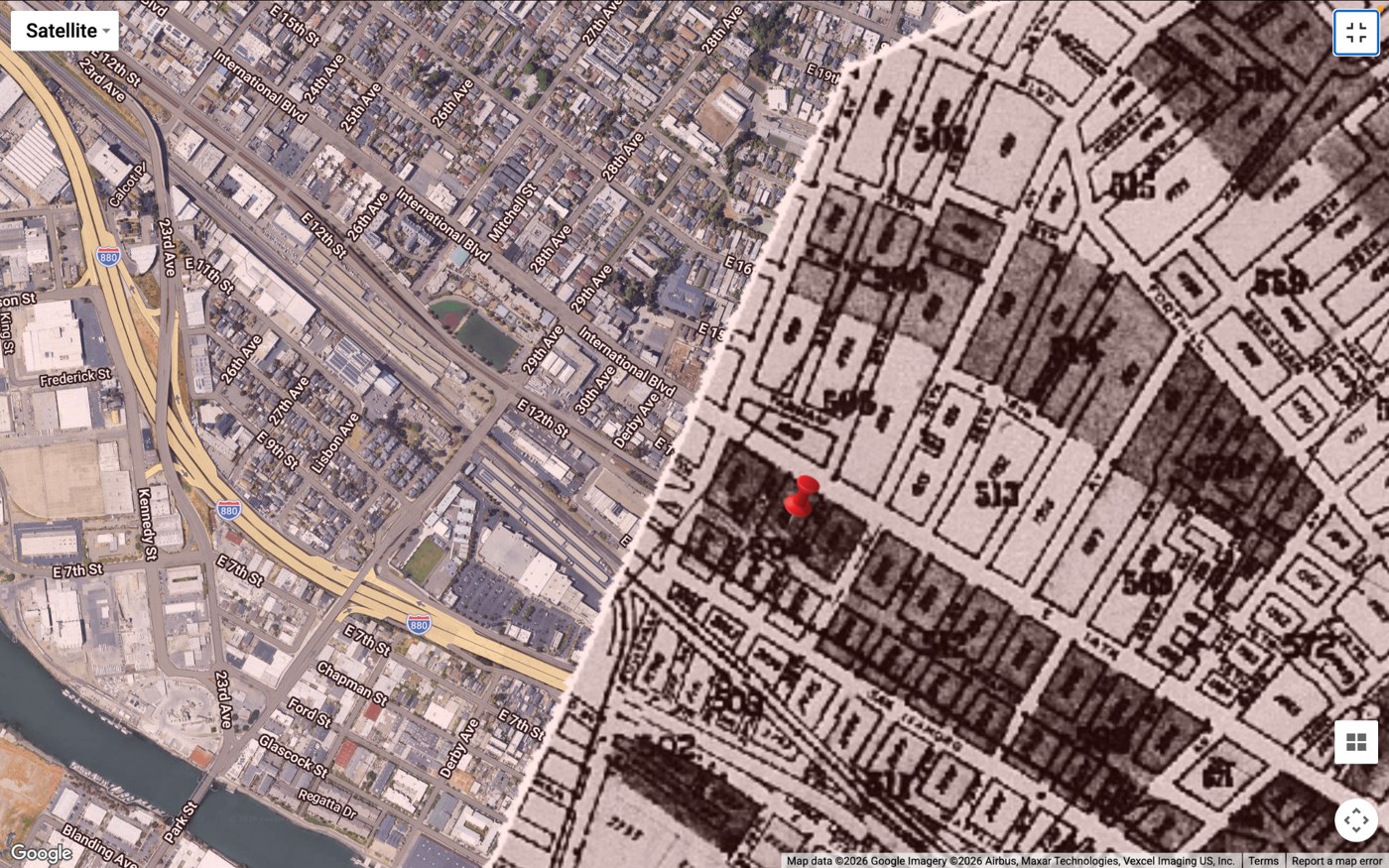 1925 Sanborn fire insurance map of the Ghost Ship Warehouse site in Oakland layered over a present-day satellite view
