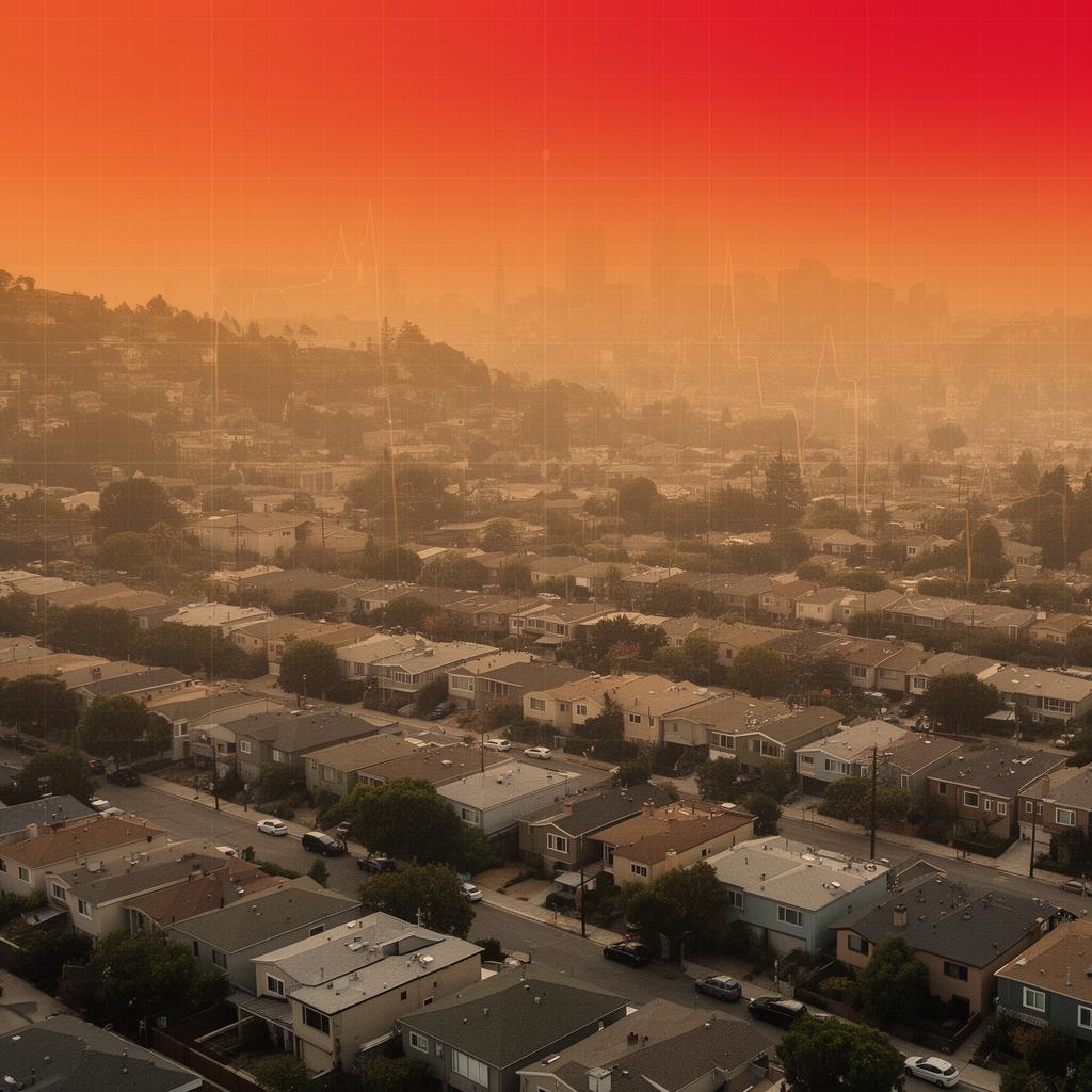 Aerial view of Bay Area neighborhood under hazy extreme-heat sky
