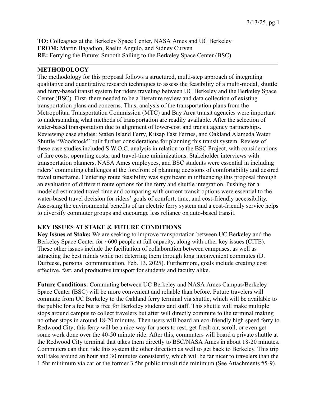 Cover of the Berkeley Space Center Ferry-Shuttle Transit Link memo